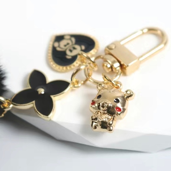 BAG CHARM Black Pom Pom With Charms - Picture 2 of 4